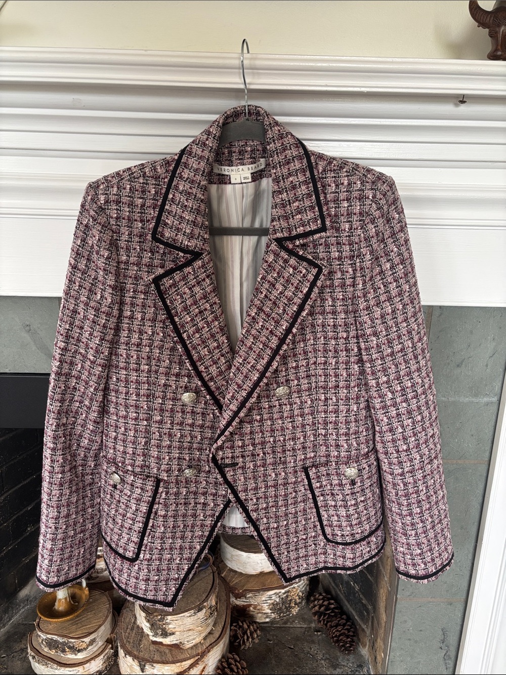 Veronica Beard Pink & Cream Tweed Double-Breasted Jacket with Black Trim